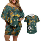 Matildas Game On Couples Matching Off Shoulder Short Dress and Hawaiian Shirt Indigenous Dot Art Soccer Ball With Southern Cross Stars