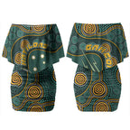 Matildas Game On Couples Matching Off Shoulder Short Dress and Hawaiian Shirt Indigenous Dot Art Soccer Ball With Southern Cross Stars