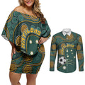 Matildas Game On Couples Matching Off Shoulder Short Dress and Long Sleeve Button Shirt Indigenous Dot Art Soccer Ball With Southern Cross Stars