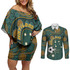 Matildas Game On Couples Matching Off Shoulder Short Dress and Long Sleeve Button Shirt Indigenous Dot Art Soccer Ball With Southern Cross Stars