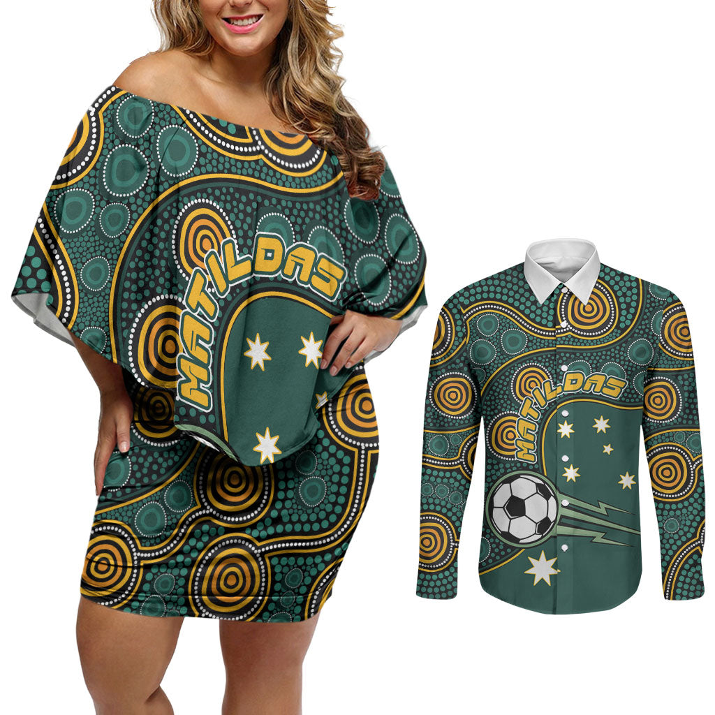 Matildas Game On Couples Matching Off Shoulder Short Dress and Long Sleeve Button Shirt Indigenous Dot Art Soccer Ball With Southern Cross Stars
