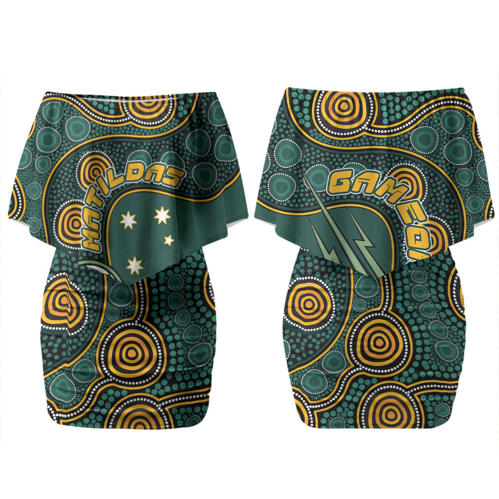 Matildas Game On Couples Matching Off Shoulder Short Dress and Long Sleeve Button Shirt Indigenous Dot Art Soccer Ball With Southern Cross Stars