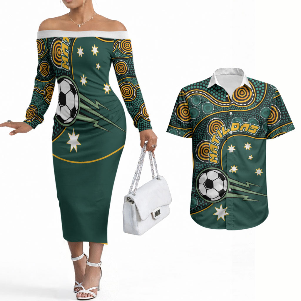 Matildas Game On Couples Matching Off The Shoulder Long Sleeve Dress and Hawaiian Shirt Indigenous Dot Art Soccer Ball With Southern Cross Stars