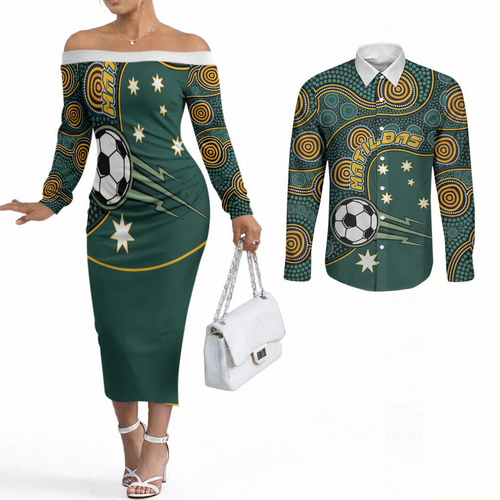 Matildas Game On Couples Matching Off The Shoulder Long Sleeve Dress and Long Sleeve Button Shirt Indigenous Dot Art Soccer Ball With Southern Cross Stars