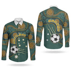 Matildas Game On Couples Matching Off The Shoulder Long Sleeve Dress and Long Sleeve Button Shirt Indigenous Dot Art Soccer Ball With Southern Cross Stars
