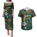 Matildas Game On Couples Matching Puletasi and Hawaiian Shirt Indigenous Dot Art Soccer Ball With Southern Cross Stars