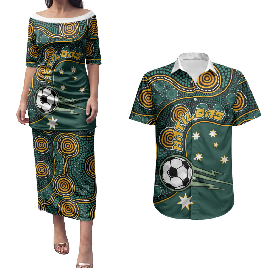Matildas Game On Couples Matching Puletasi and Hawaiian Shirt Indigenous Dot Art Soccer Ball With Southern Cross Stars