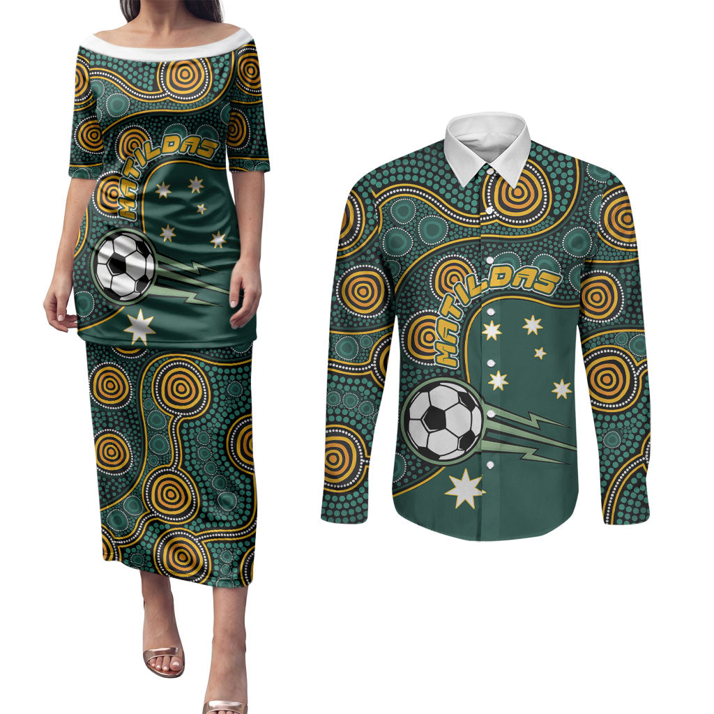 Matildas Game On Couples Matching Puletasi and Long Sleeve Button Shirt Indigenous Dot Art Soccer Ball With Southern Cross Stars