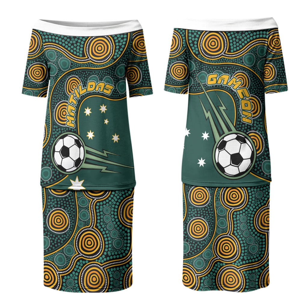 Matildas Game On Couples Matching Puletasi and Long Sleeve Button Shirt Indigenous Dot Art Soccer Ball With Southern Cross Stars