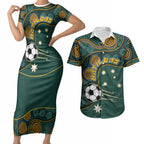 Matildas Game On Couples Matching Short Sleeve Bodycon Dress and Hawaiian Shirt Indigenous Dot Art Soccer Ball With Southern Cross Stars