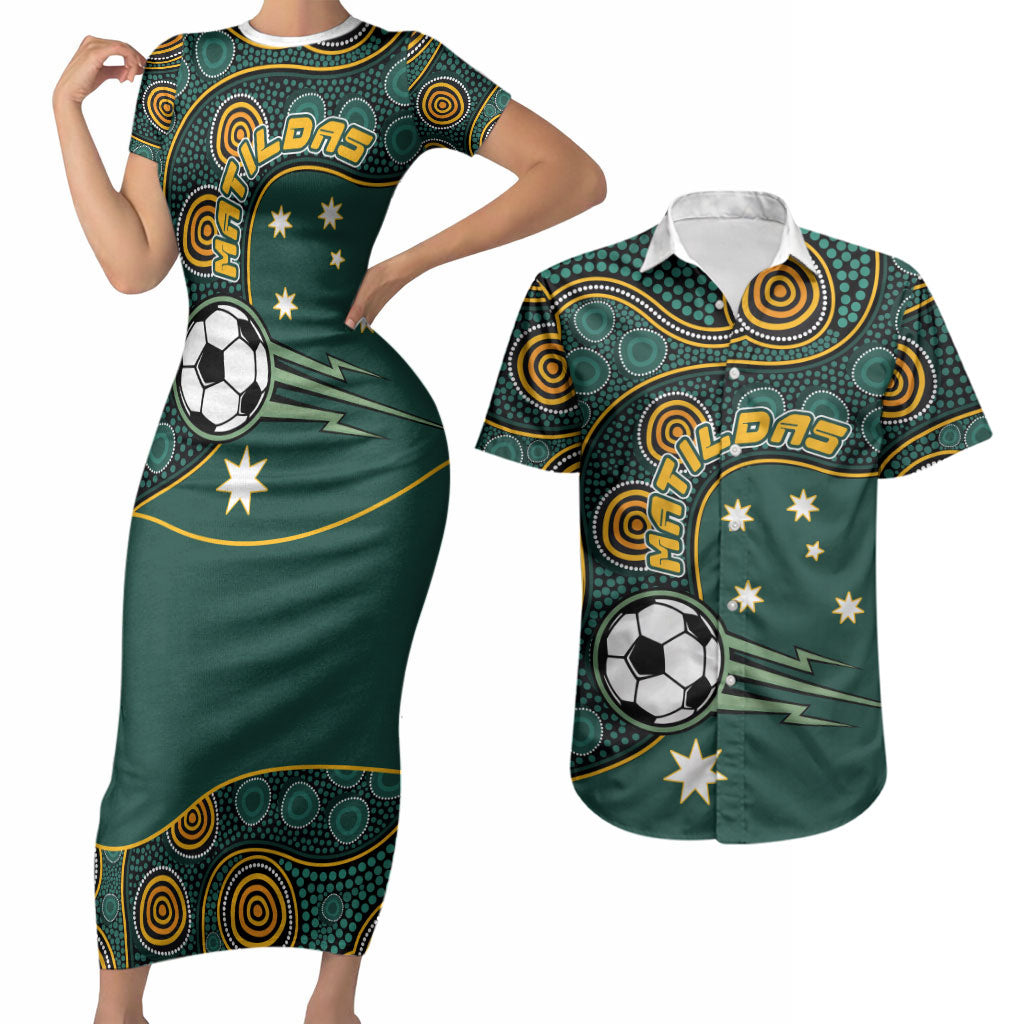 Matildas Game On Couples Matching Short Sleeve Bodycon Dress and Hawaiian Shirt Indigenous Dot Art Soccer Ball With Southern Cross Stars