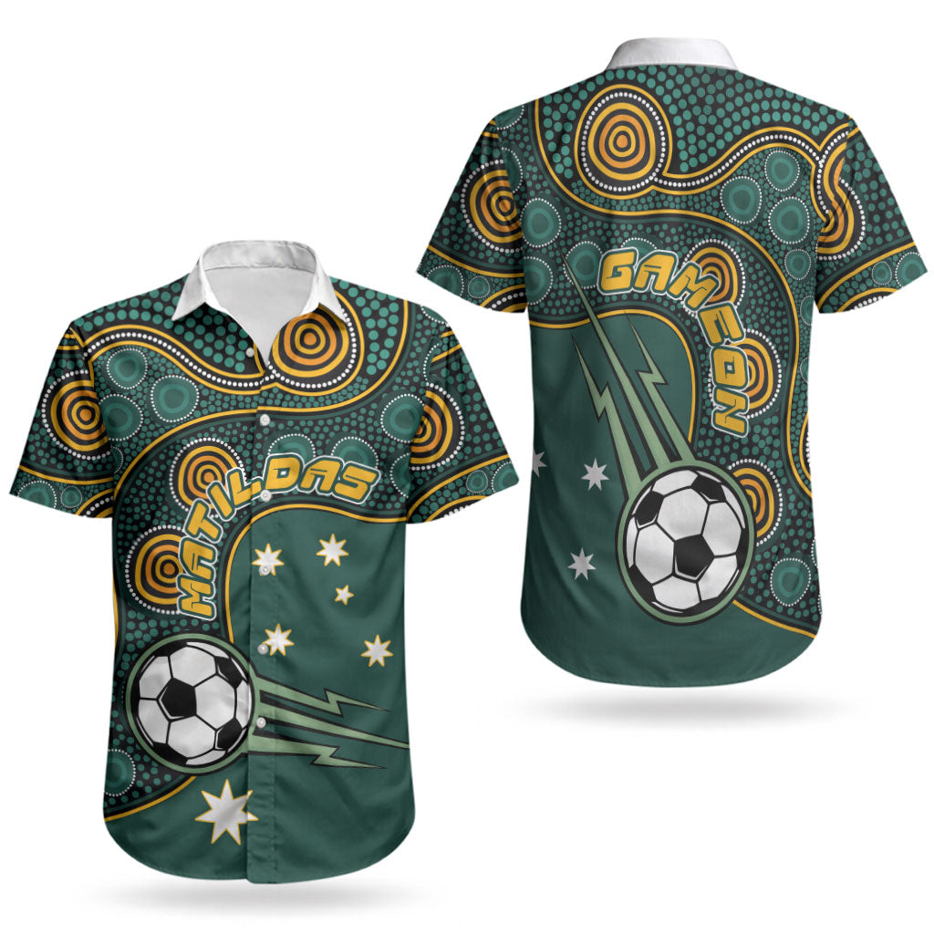 Matildas Game On Couples Matching Short Sleeve Bodycon Dress and Hawaiian Shirt Indigenous Dot Art Soccer Ball With Southern Cross Stars