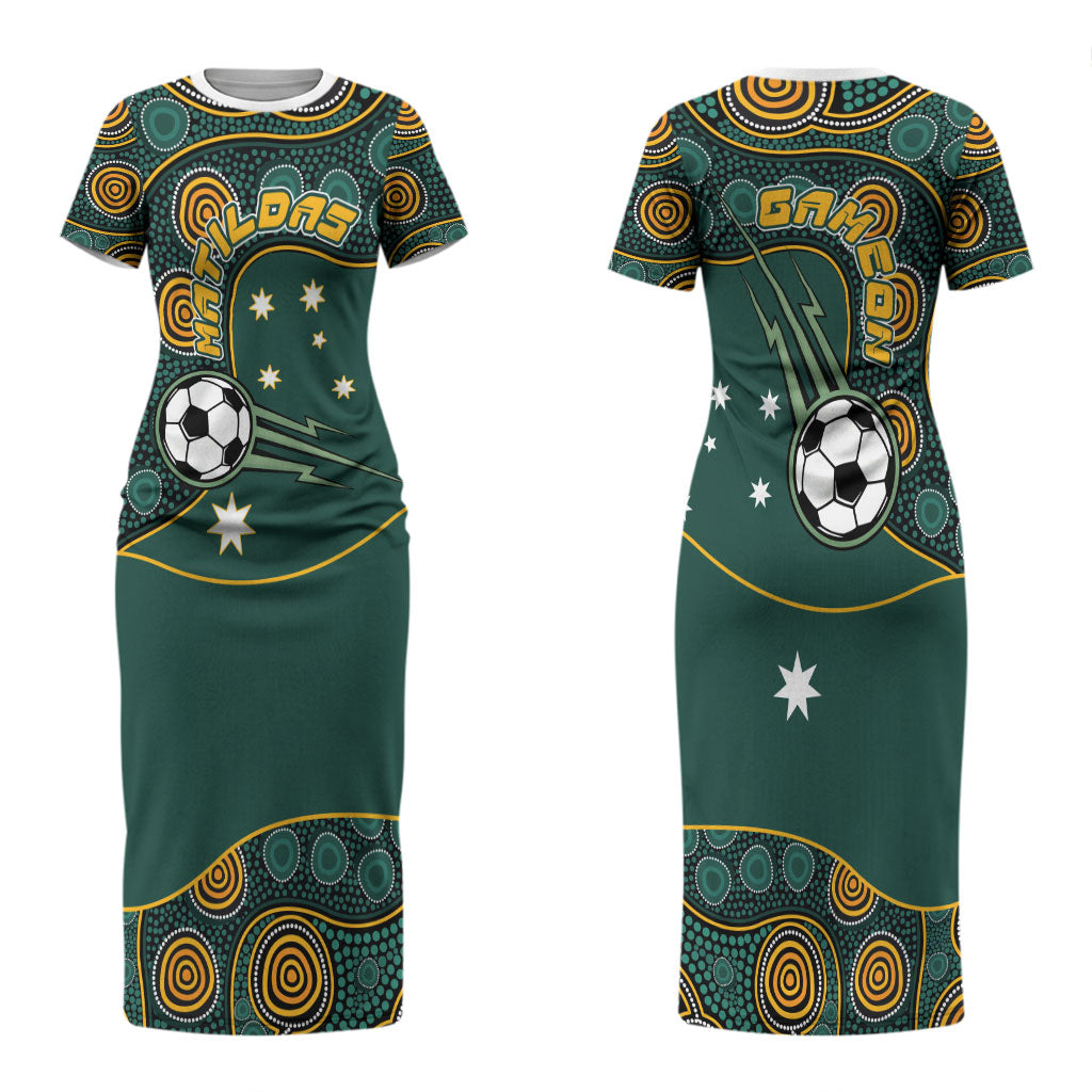 Matildas Game On Couples Matching Short Sleeve Bodycon Dress and Hawaiian Shirt Indigenous Dot Art Soccer Ball With Southern Cross Stars