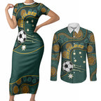Matildas Game On Couples Matching Short Sleeve Bodycon Dress and Long Sleeve Button Shirt Indigenous Dot Art Soccer Ball With Southern Cross Stars