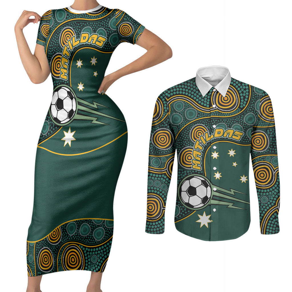 Matildas Game On Couples Matching Short Sleeve Bodycon Dress and Long Sleeve Button Shirt Indigenous Dot Art Soccer Ball With Southern Cross Stars