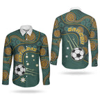 Matildas Game On Couples Matching Short Sleeve Bodycon Dress and Long Sleeve Button Shirt Indigenous Dot Art Soccer Ball With Southern Cross Stars