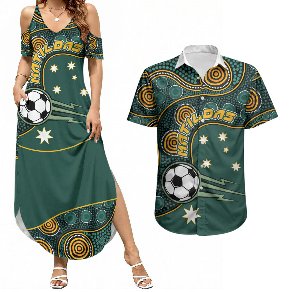 Matildas Game On Couples Matching Summer Maxi Dress and Hawaiian Shirt Indigenous Dot Art Soccer Ball With Southern Cross Stars