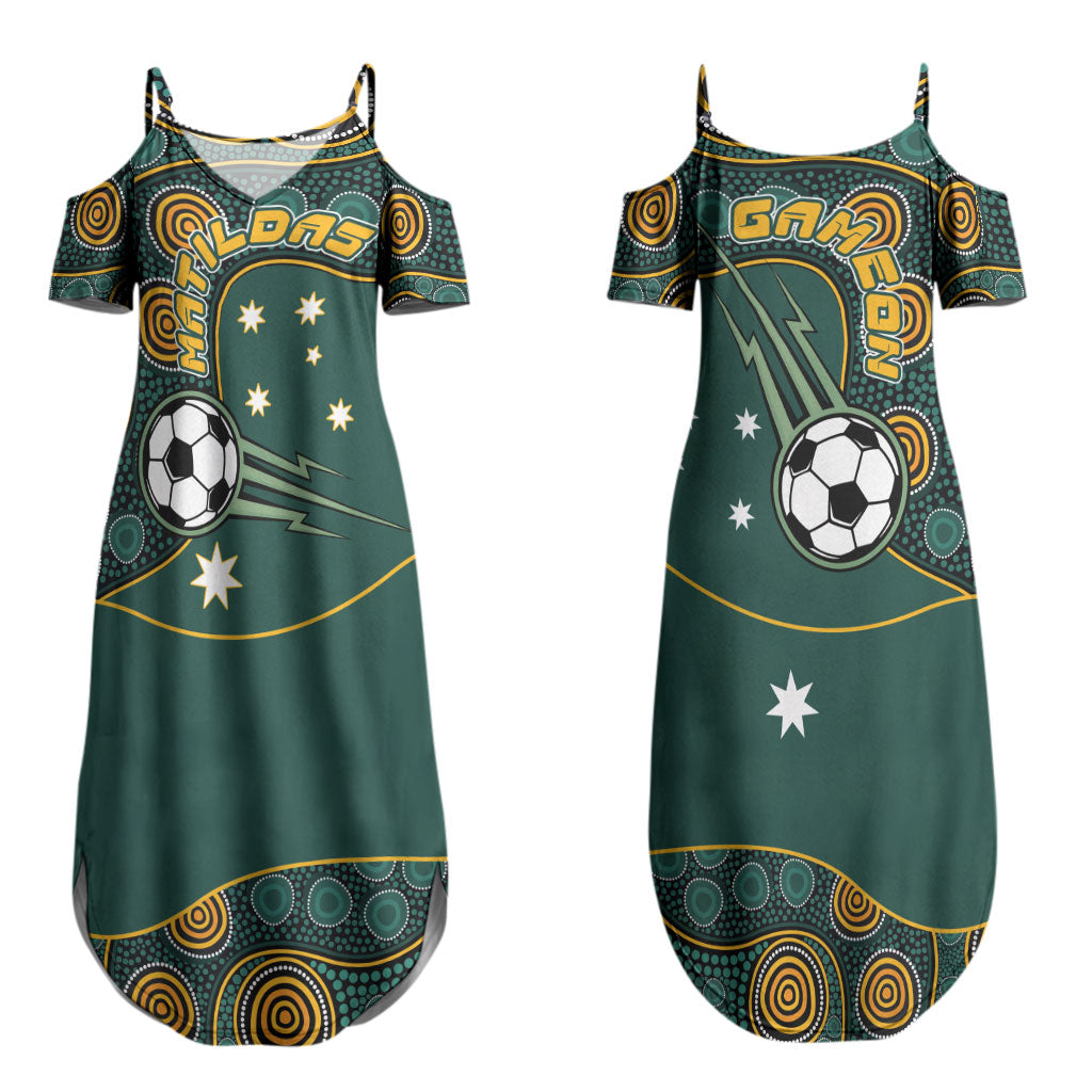 Matildas Game On Couples Matching Summer Maxi Dress and Hawaiian Shirt Indigenous Dot Art Soccer Ball With Southern Cross Stars