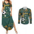 Matildas Game On Couples Matching Summer Maxi Dress and Long Sleeve Button Shirt Indigenous Dot Art Soccer Ball With Southern Cross Stars