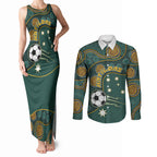 Matildas Game On Couples Matching Tank Maxi Dress and Long Sleeve Button Shirt Indigenous Dot Art Soccer Ball With Southern Cross Stars