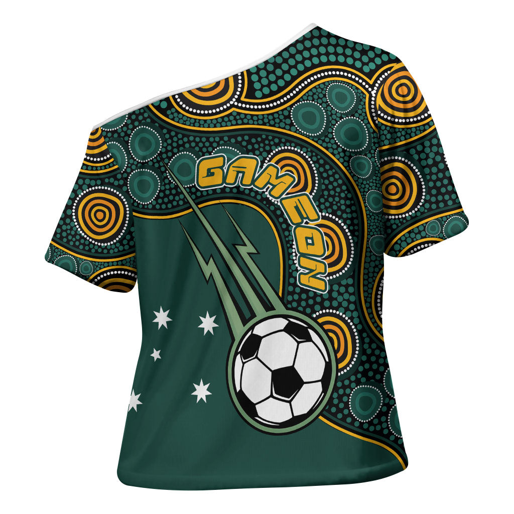 Matildas Game On Cross Shoulder Shirt Indigenous Dot Art Soccer Ball With Southern Cross Stars