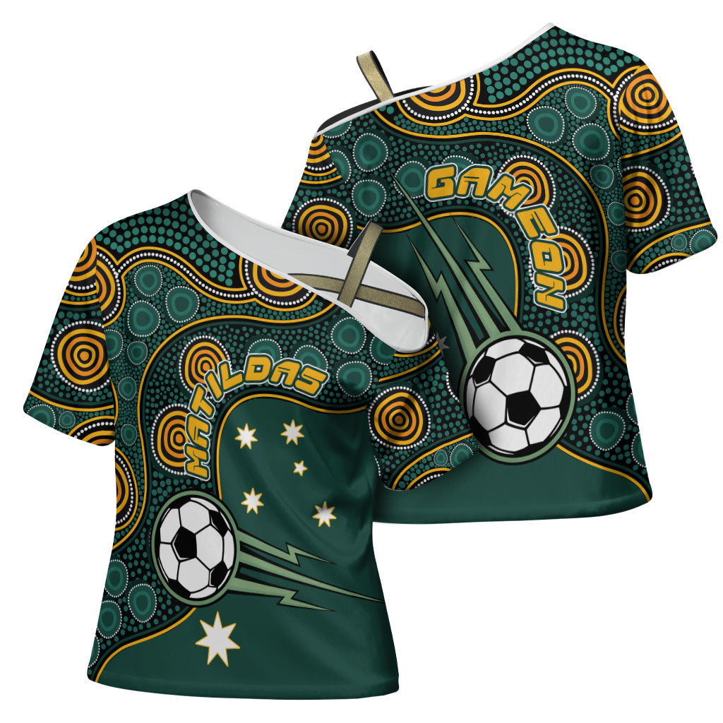 Matildas Game On Cross Shoulder Shirt Indigenous Dot Art Soccer Ball With Southern Cross Stars