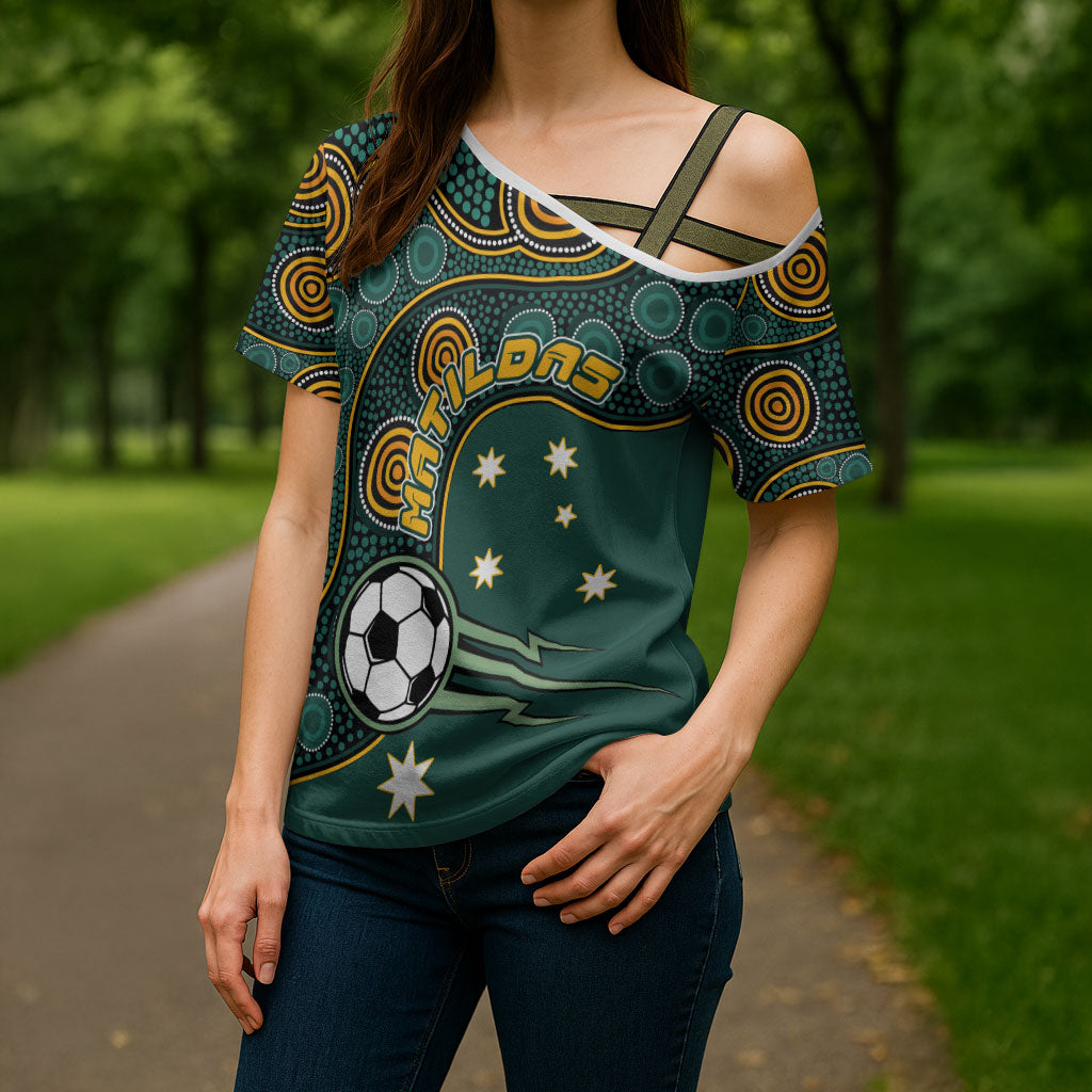 Matildas Game On Cross Shoulder Shirt Indigenous Dot Art Soccer Ball With Southern Cross Stars