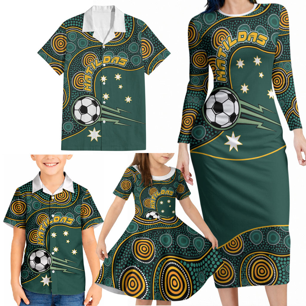 Matildas Game On Family Matching Long Sleeve Bodycon Dress and Hawaiian Shirt Indigenous Dot Art Soccer Ball With Southern Cross Stars