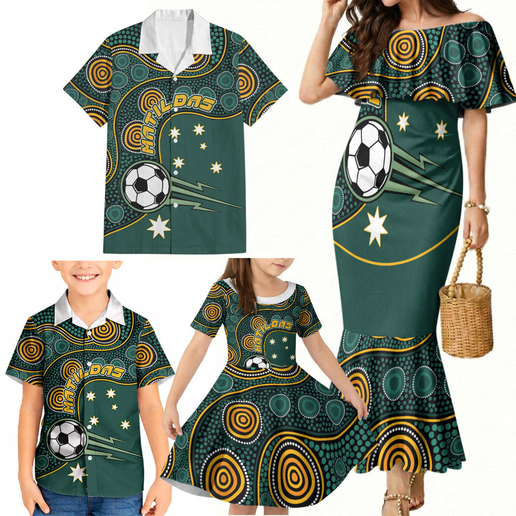 Matildas Game On Family Matching Mermaid Dress and Hawaiian Shirt Indigenous Dot Art Soccer Ball With Southern Cross Stars
