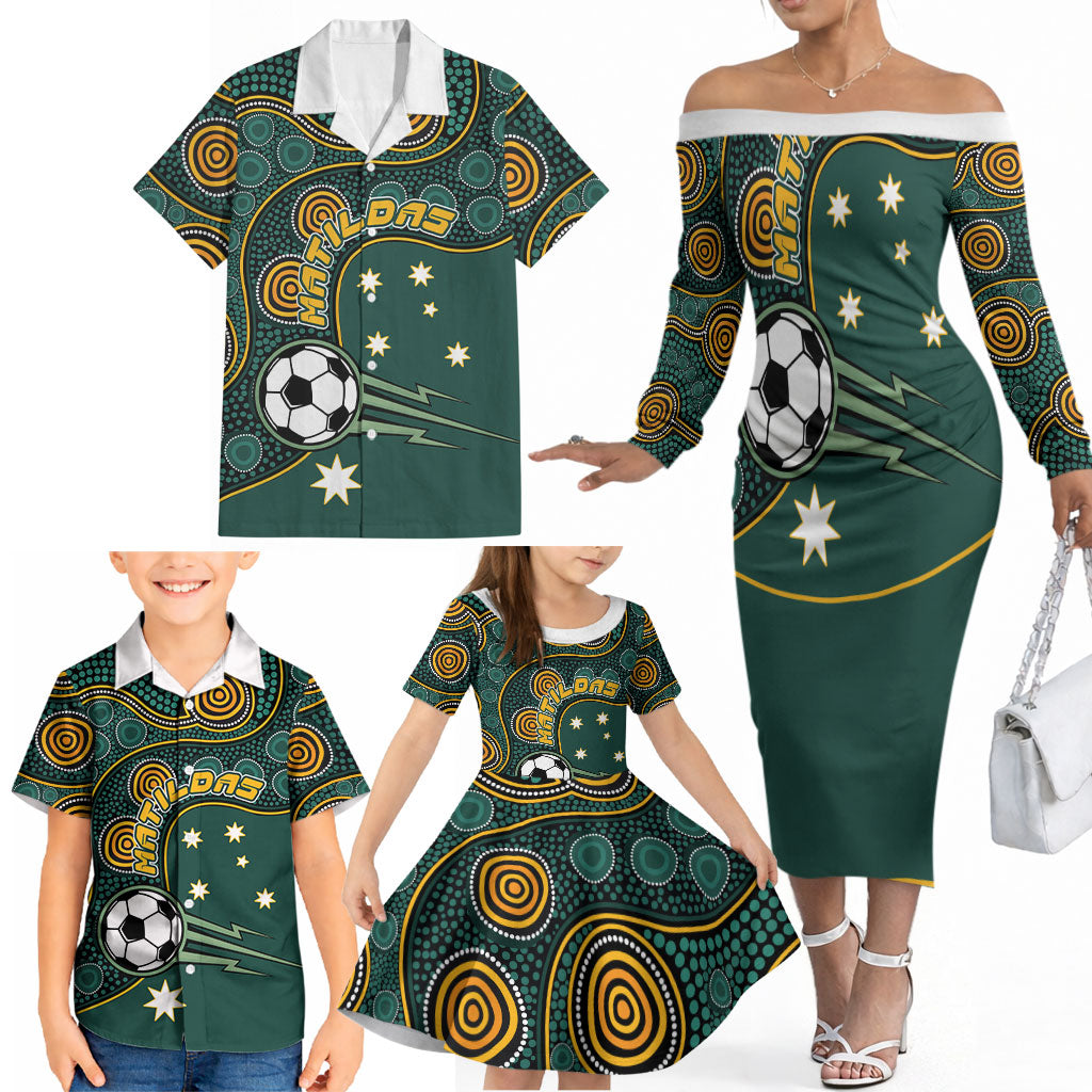 Matildas Game On Family Matching Off The Shoulder Long Sleeve Dress and Hawaiian Shirt Indigenous Dot Art Soccer Ball With Southern Cross Stars