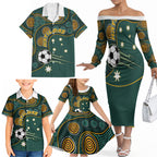 Matildas Game On Family Matching Off The Shoulder Long Sleeve Dress and Hawaiian Shirt Indigenous Dot Art Soccer Ball With Southern Cross Stars