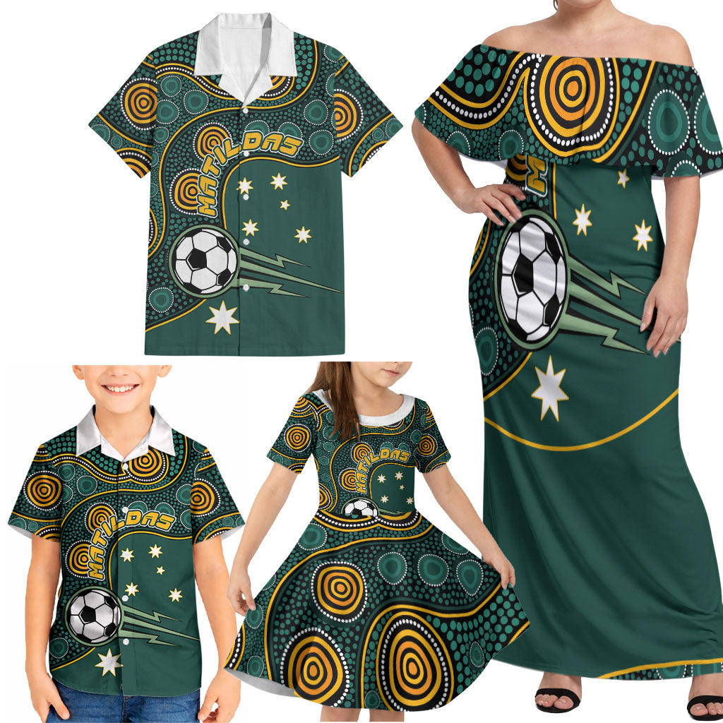 Matildas Game On Family Matching Off Shoulder Maxi Dress and Hawaiian Shirt Indigenous Dot Art Soccer Ball With Southern Cross Stars