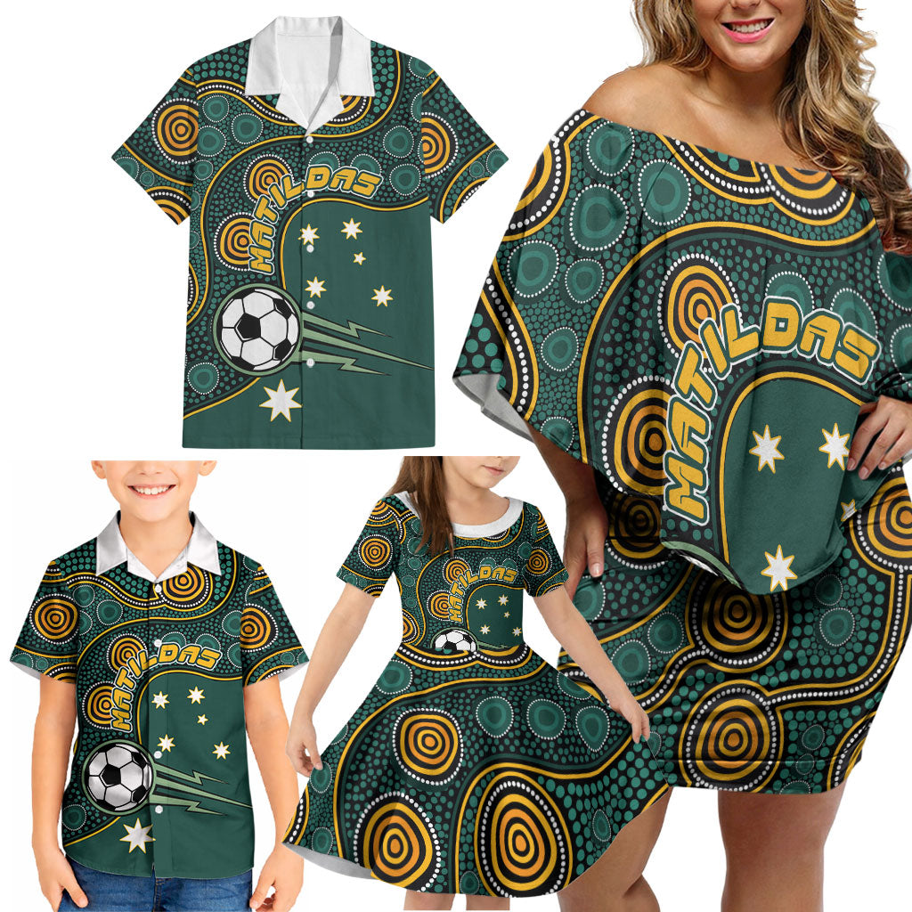 Matildas Game On Family Matching Off Shoulder Short Dress and Hawaiian Shirt Indigenous Dot Art Soccer Ball With Southern Cross Stars