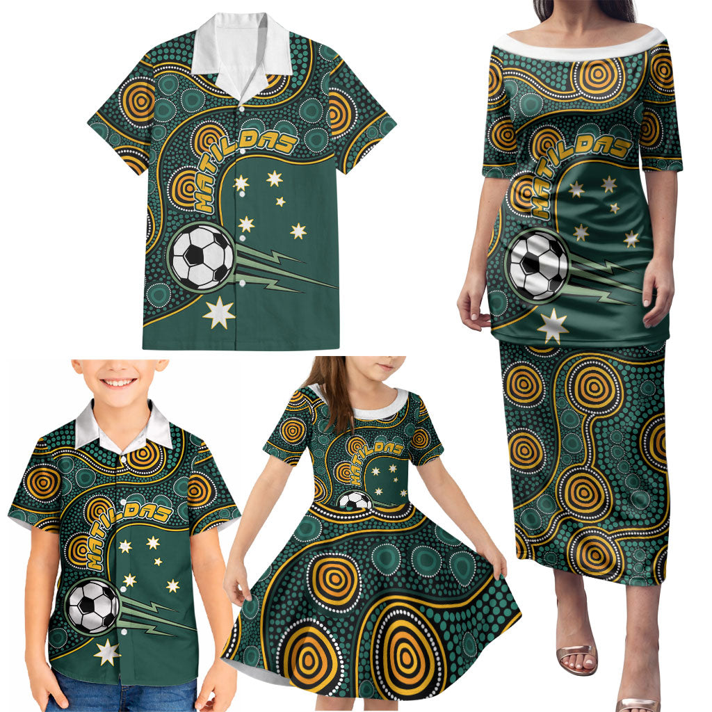 Matildas Game On Family Matching Puletasi and Hawaiian Shirt Indigenous Dot Art Soccer Ball With Southern Cross Stars