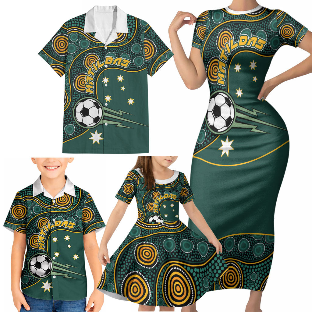 Matildas Game On Family Matching Short Sleeve Bodycon Dress and Hawaiian Shirt Indigenous Dot Art Soccer Ball With Southern Cross Stars