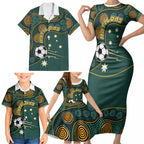 Matildas Game On Family Matching Short Sleeve Bodycon Dress and Hawaiian Shirt Indigenous Dot Art Soccer Ball With Southern Cross Stars