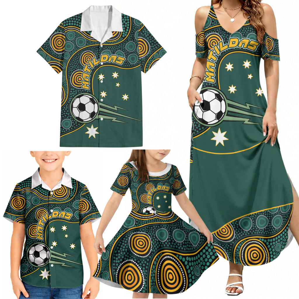 Matildas Game On Family Matching Summer Maxi Dress and Hawaiian Shirt Indigenous Dot Art Soccer Ball With Southern Cross Stars