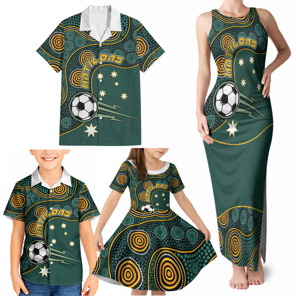 Matildas Game On Family Matching Tank Maxi Dress and Hawaiian Shirt Indigenous Dot Art Soccer Ball With Southern Cross Stars