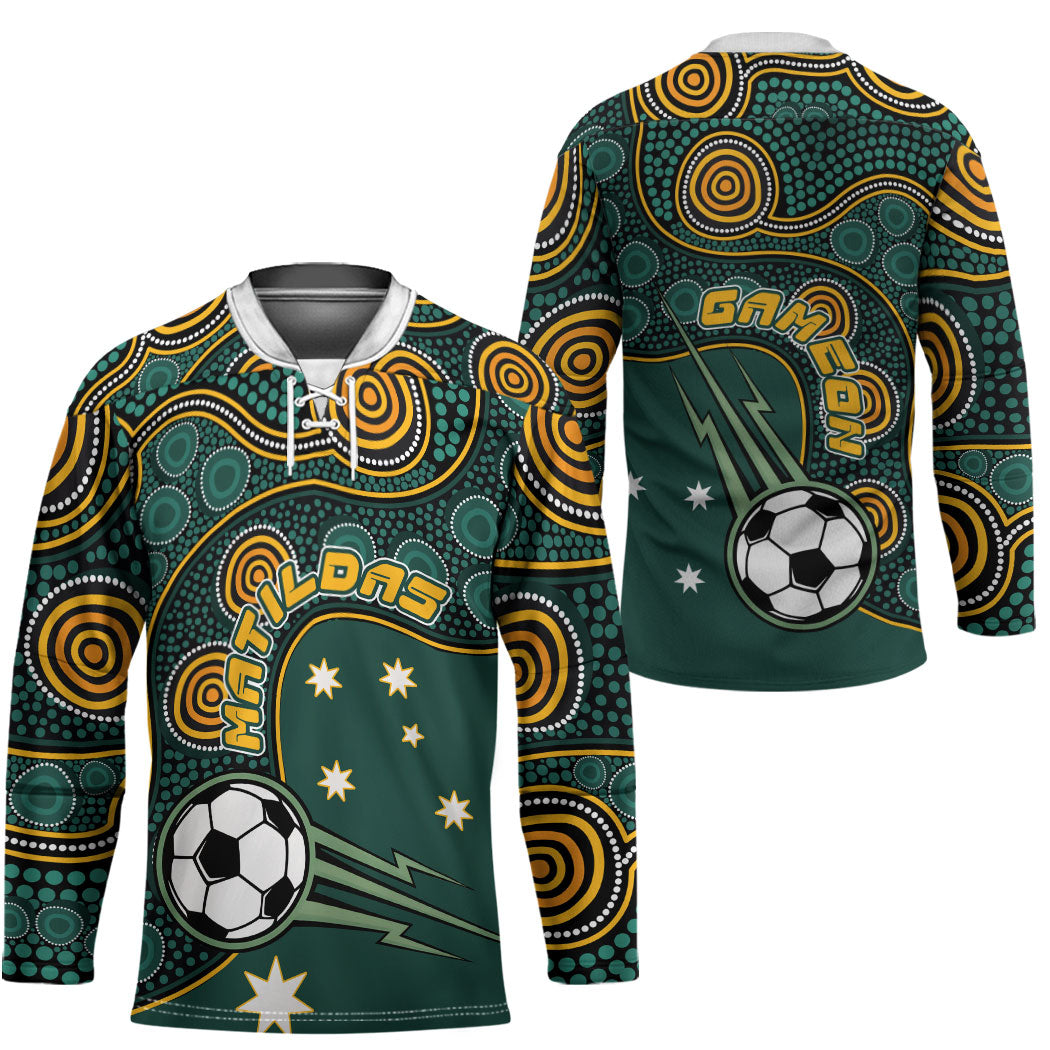 Matildas Game On Hockey Jersey Indigenous Dot Art Soccer Ball With Southern Cross Stars
