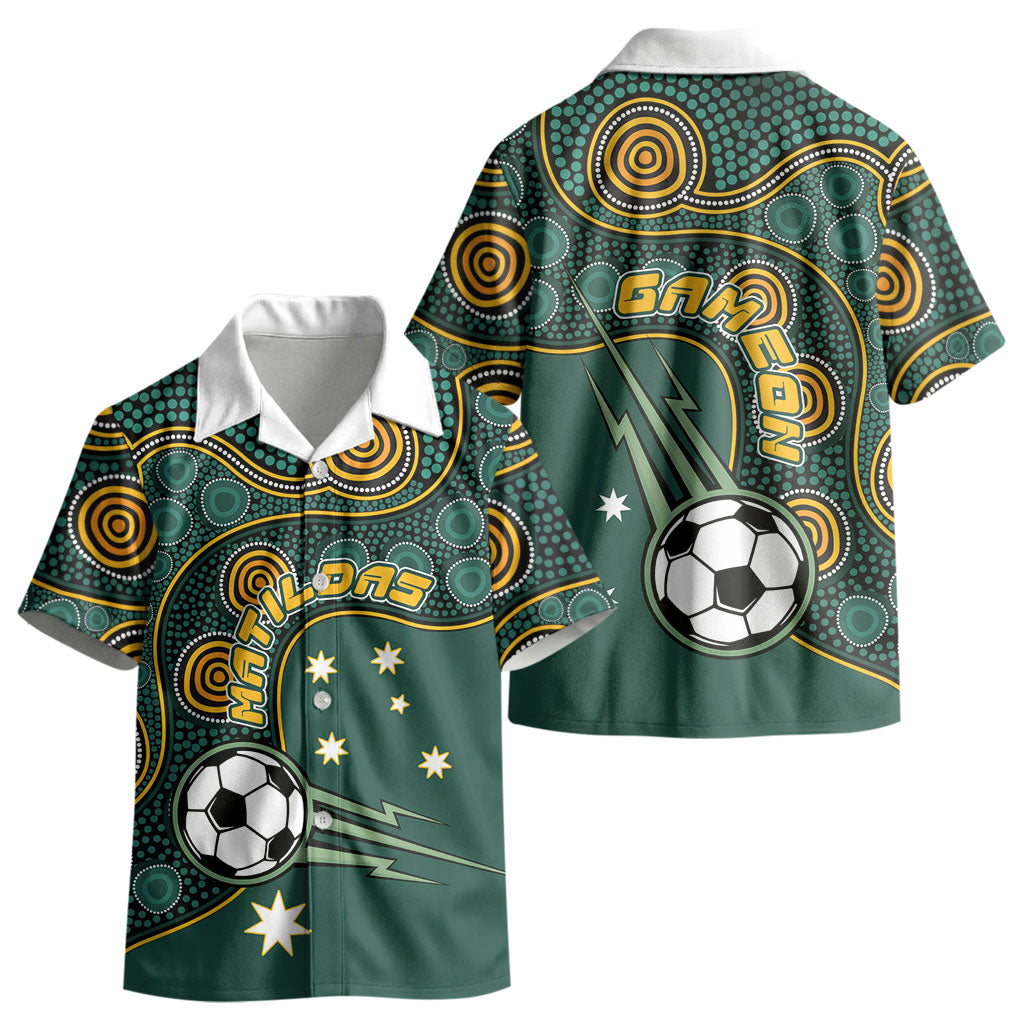 Matildas Game On Kid Hawaiian Shirt Indigenous Dot Art Soccer Ball With Southern Cross Stars