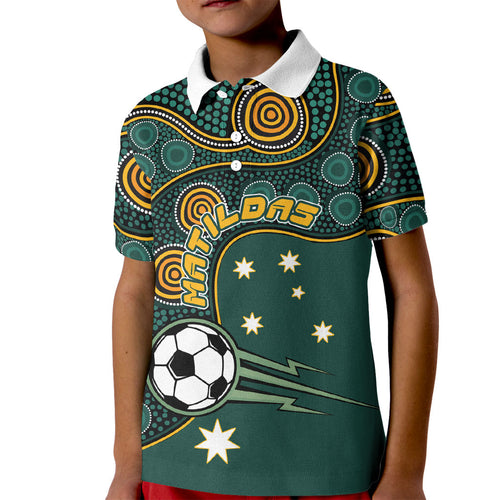 Matildas Game On Kid Polo Shirt Indigenous Dot Art Soccer Ball With Southern Cross Stars