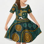 Matildas Game On Kid Short Sleeve Dress Indigenous Dot Art Soccer Ball With Southern Cross Stars