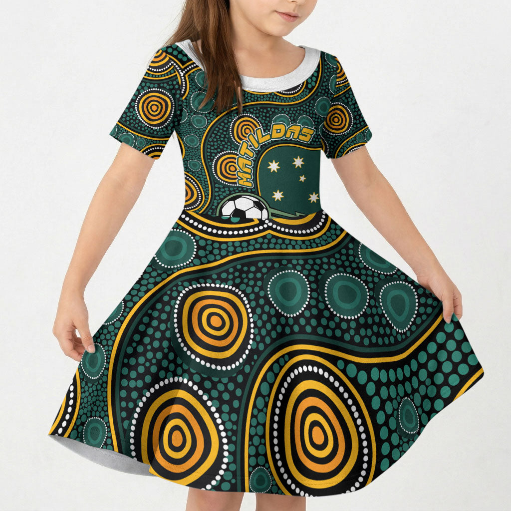 Matildas Game On Kid Short Sleeve Dress Indigenous Dot Art Soccer Ball With Southern Cross Stars