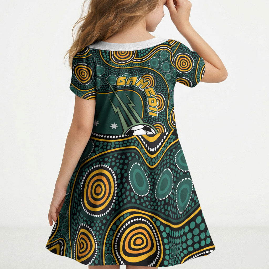 Matildas Game On Kid Short Sleeve Dress Indigenous Dot Art Soccer Ball With Southern Cross Stars