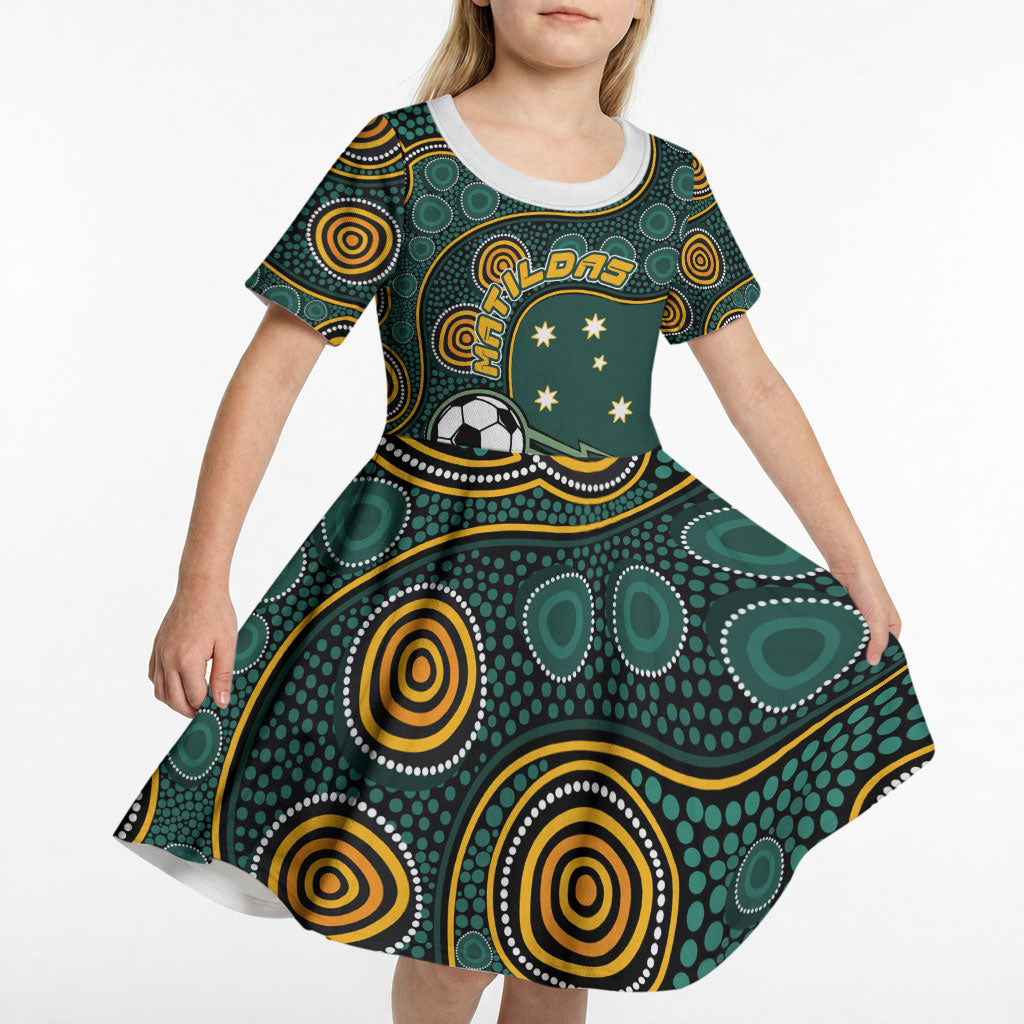 Matildas Game On Kid Short Sleeve Dress Indigenous Dot Art Soccer Ball With Southern Cross Stars