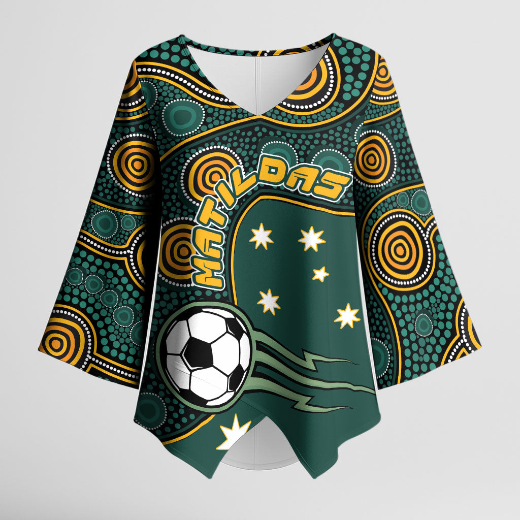 Matildas Game On Kimono Sleeve Blouse Indigenous Dot Art Soccer Ball With Southern Cross Stars