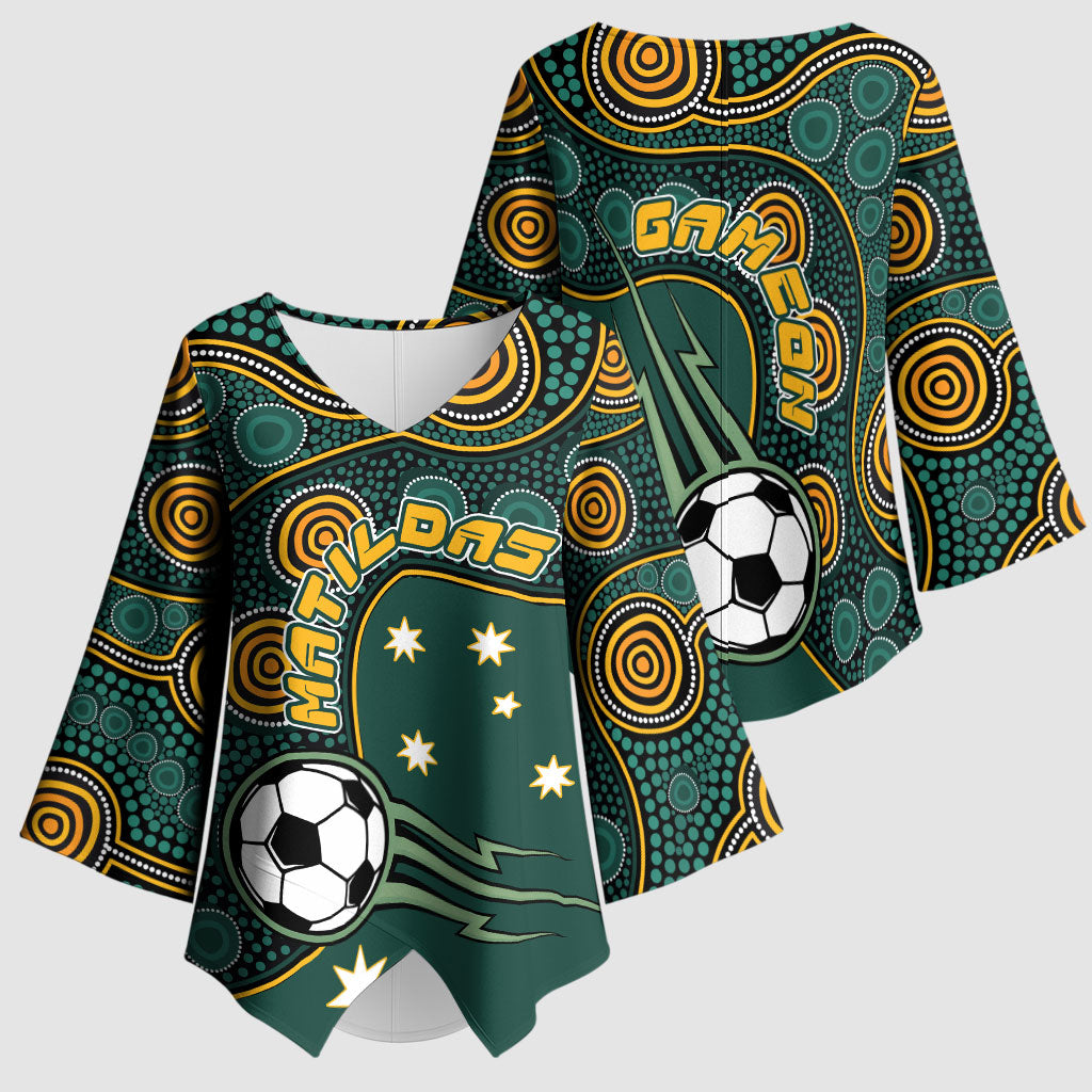 Matildas Game On Kimono Sleeve Blouse Indigenous Dot Art Soccer Ball With Southern Cross Stars
