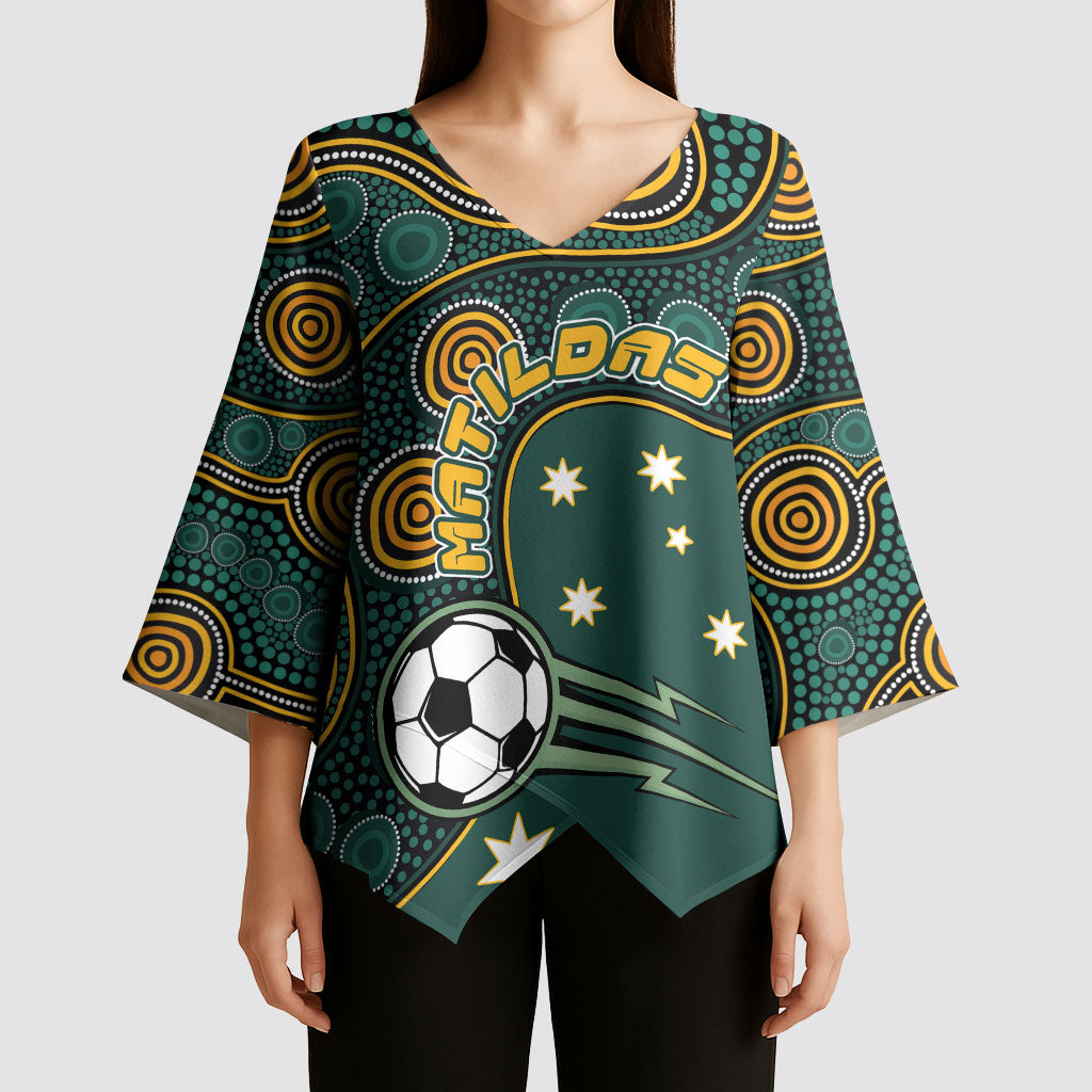 Matildas Game On Kimono Sleeve Blouse Indigenous Dot Art Soccer Ball With Southern Cross Stars
