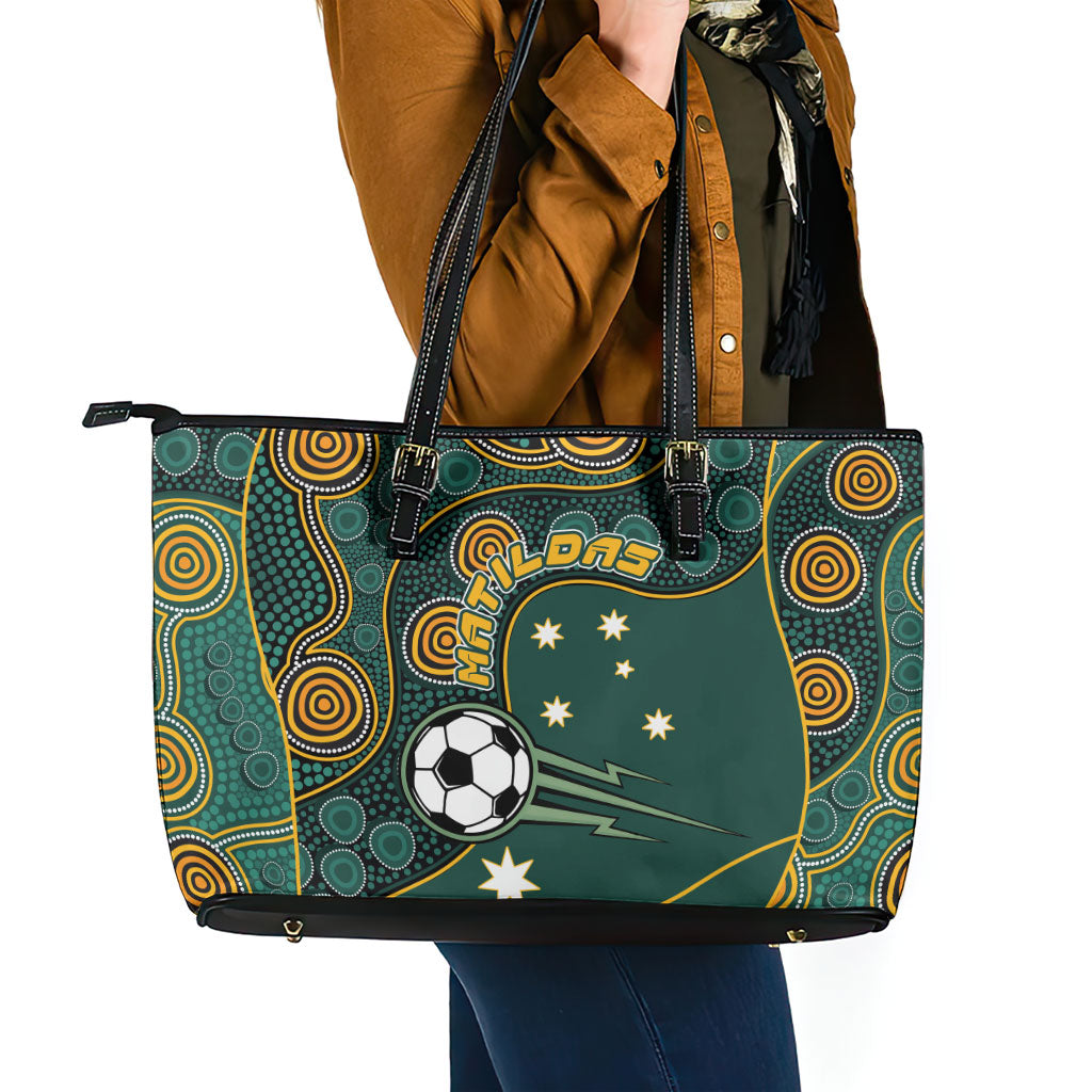 Matildas Game On Leather Tote Bag Indigenous Dot Art Soccer Ball With Southern Cross Stars