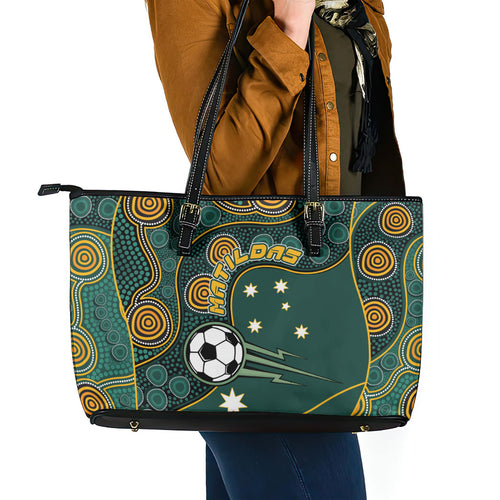 Matildas Game On Leather Tote Bag Indigenous Dot Art Soccer Ball With Southern Cross Stars